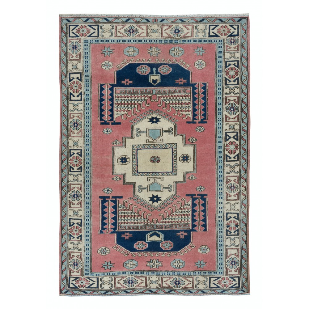 One of a Kind Vintage Hand Knotted Turkish Area Rug with Geometric Patters, 100% Wool