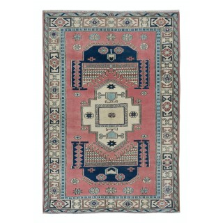 One of a Kind Vintage Hand Knotted Turkish Area Rug with Geometric Patters, 100% Wool