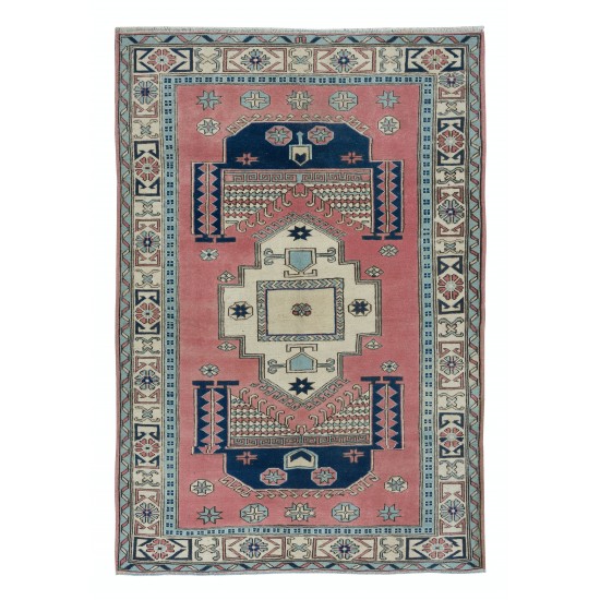 One of a Kind Vintage Hand Knotted Turkish Area Rug with Geometric Patters, 100% Wool