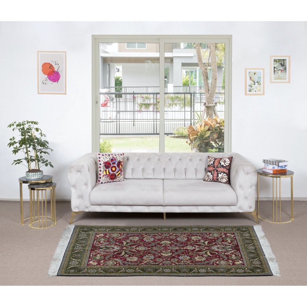 Hand Knotted Turkish Rug in Red & Green with Floral Botanical Design, 100% Wool