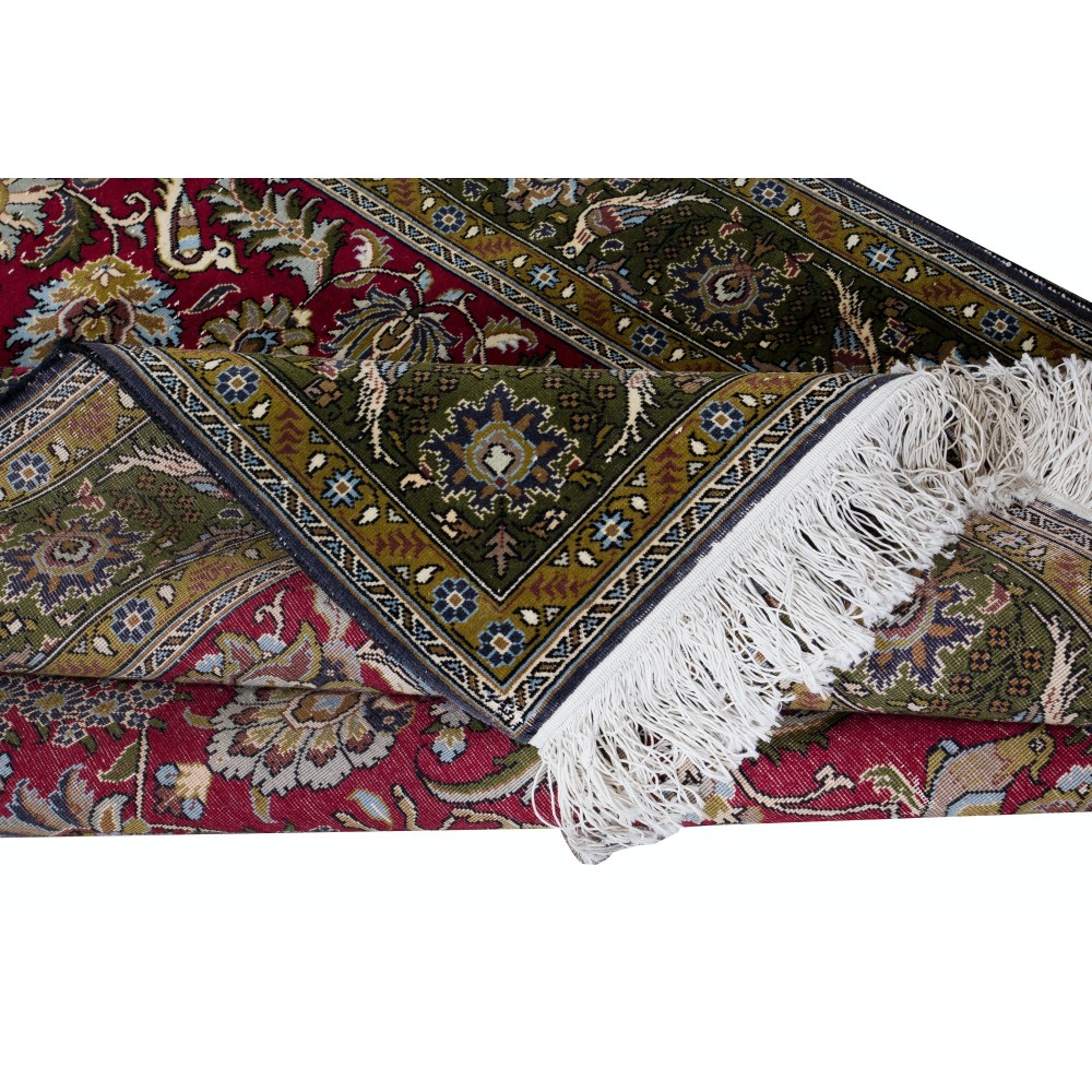 Hand Knotted Turkish Rug in Red & Green with Floral Botanical Design, 100% Wool