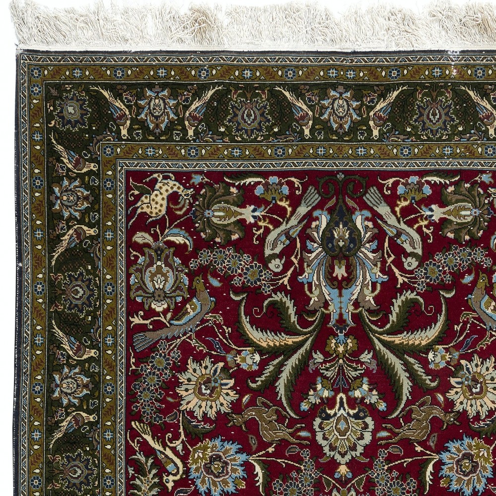 Hand Knotted Turkish Rug in Red & Green with Floral Botanical Design, 100% Wool