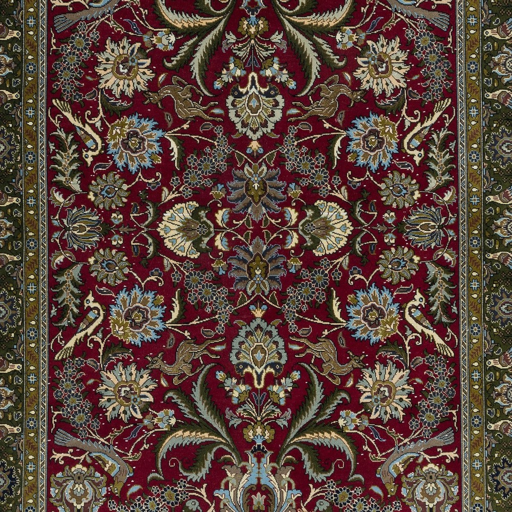 Hand Knotted Turkish Rug in Red & Green with Floral Botanical Design, 100% Wool