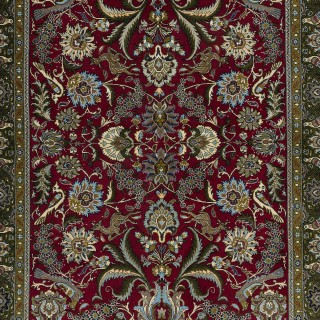 Hand Knotted Turkish Rug in Red & Green with Floral Botanical Design, 100% Wool