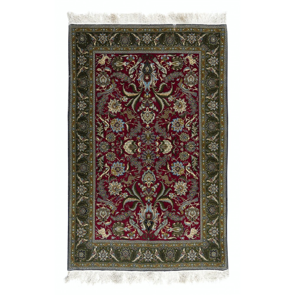 Hand Knotted Turkish Rug in Red & Green with Floral Botanical Design, 100% Wool