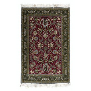 Hand Knotted Turkish Rug in Red & Green with Floral Botanical Design, 100% Wool