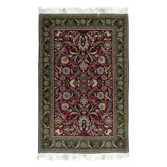 Gorgeous Hand Knotted Turkish Rug in Red & Green with Floral Botanical Design