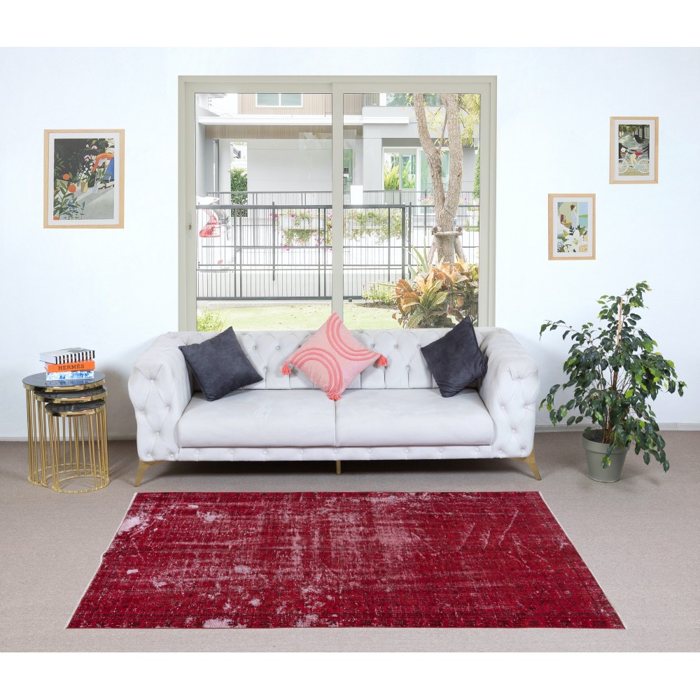 Contemporary Handmade Turkish Red Area Rug with Shabby Chic Style