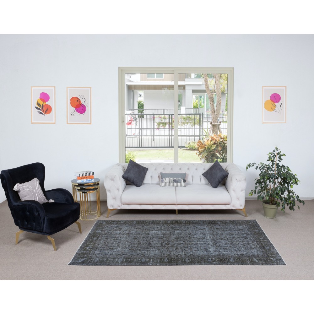 Contemporary Turkish Floral Pattern Area Rug in Gray. Grey Handmade Modern Carpet