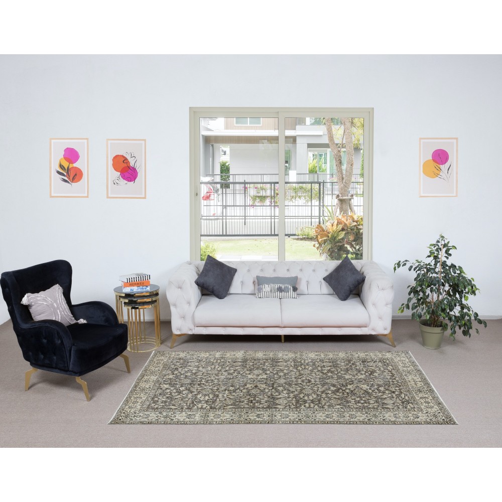 Vintage Floral Design Handmade Turkish Rug in Beige & Brown