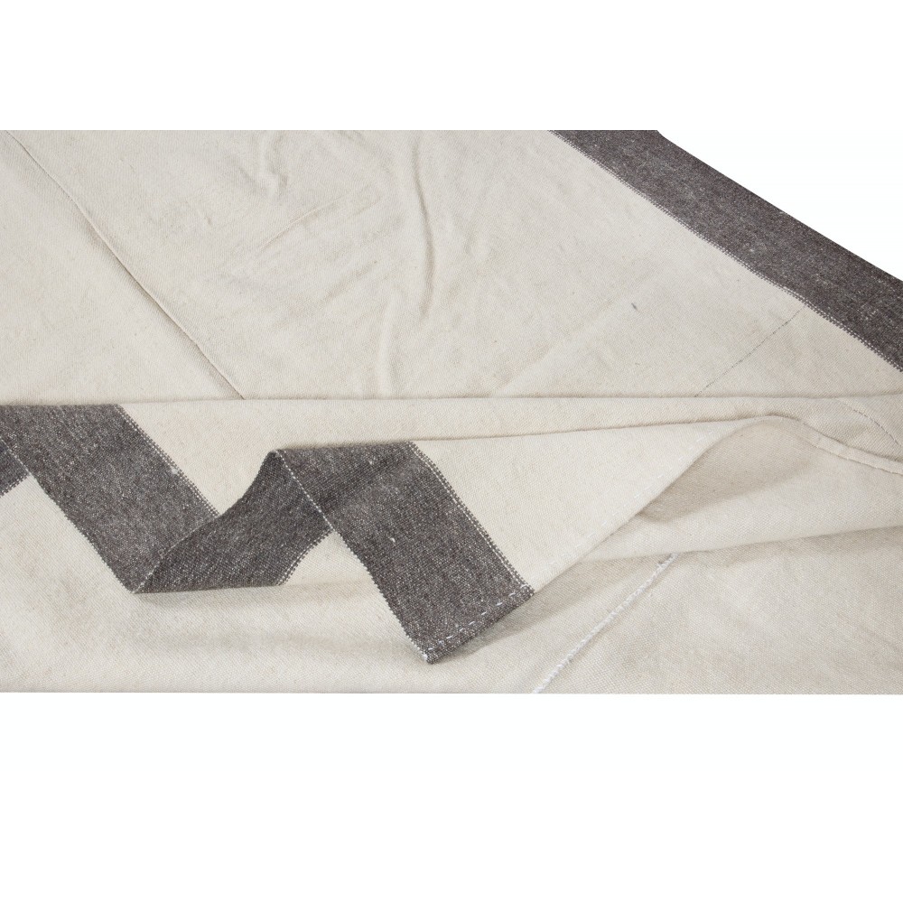 Hand-Woven Turkish Hallway Runner Kilim in Solid Beige with Brown Border, All Wool, (Flat-Weave)