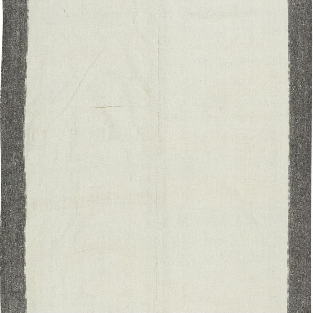 Hand-Woven Turkish Hallway Runner Kilim in Solid Beige with Brown Border, All Wool, (Flat-Weave)