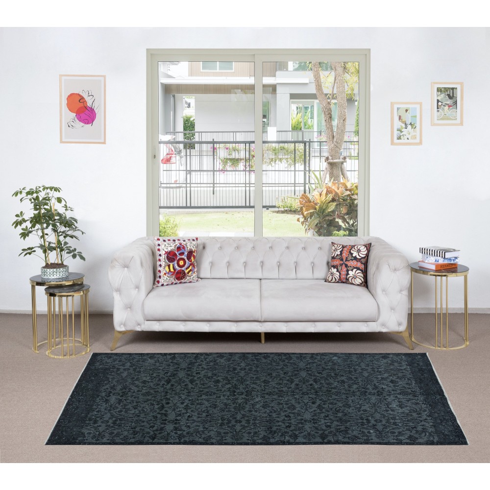 Floral Patterned Area Rug in Black & Gray, Handknotted and Handwoven in Turkey