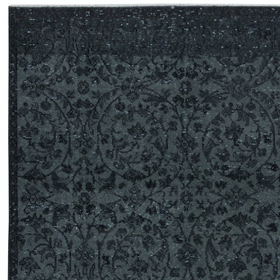 Floral Patterned Area Rug in Black & Gray, Handknotted and Handwoven in Turkey