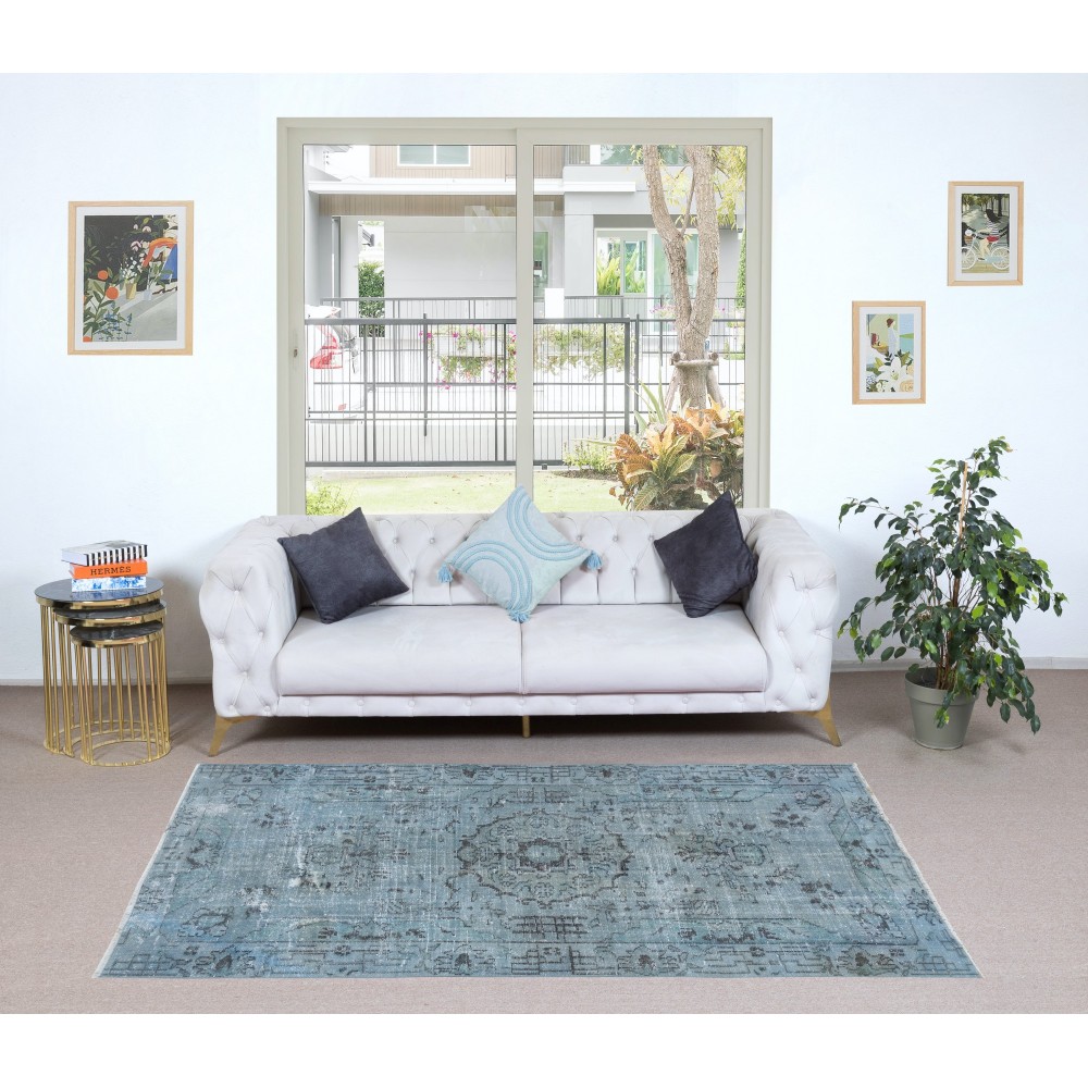 Turkish Handmade Rug in Sky Blue, Low Pile Carpet, Modern Light Blue Floor Covering