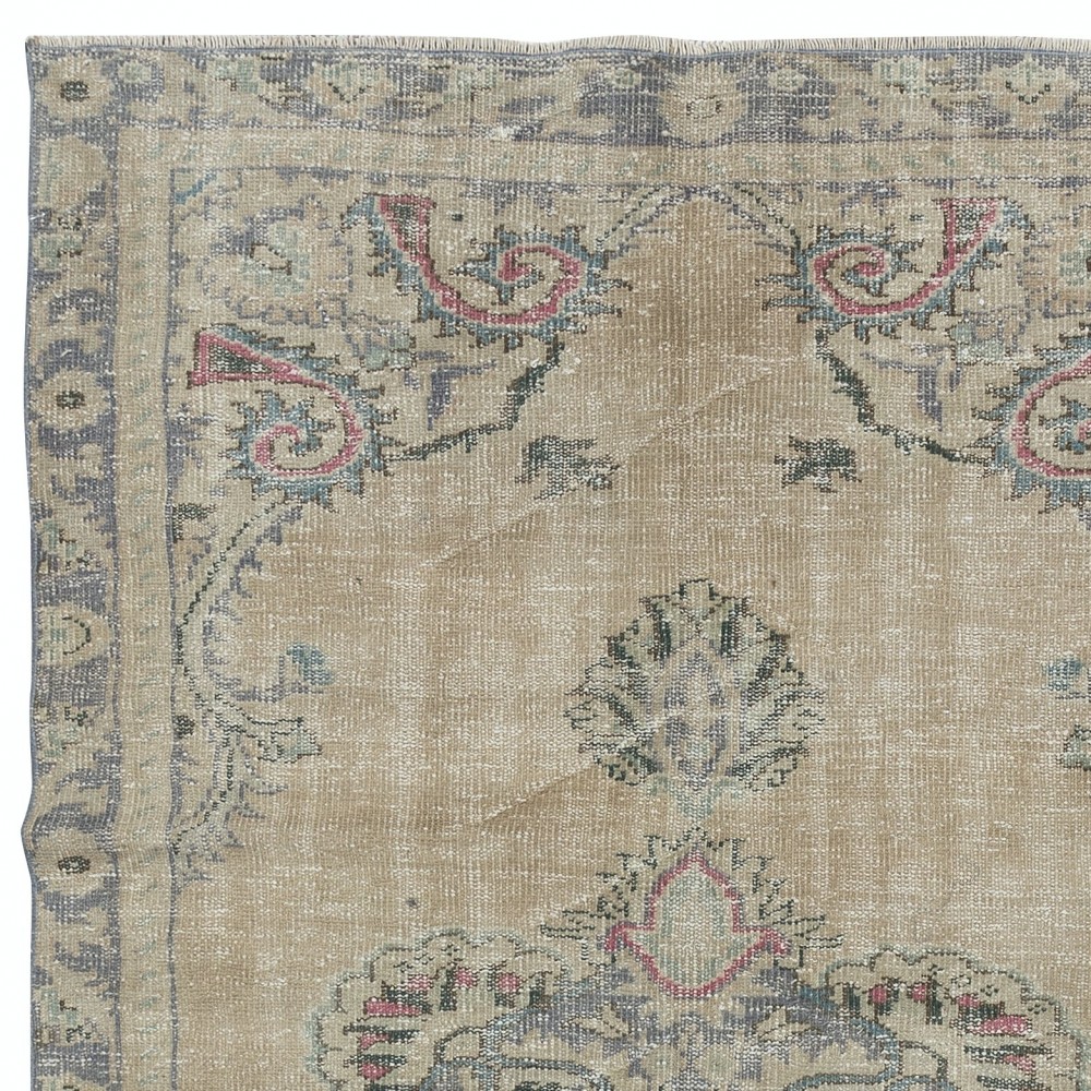 Vintage Sun Faded Handmade Turkish Rug in Beige and Gray Colors