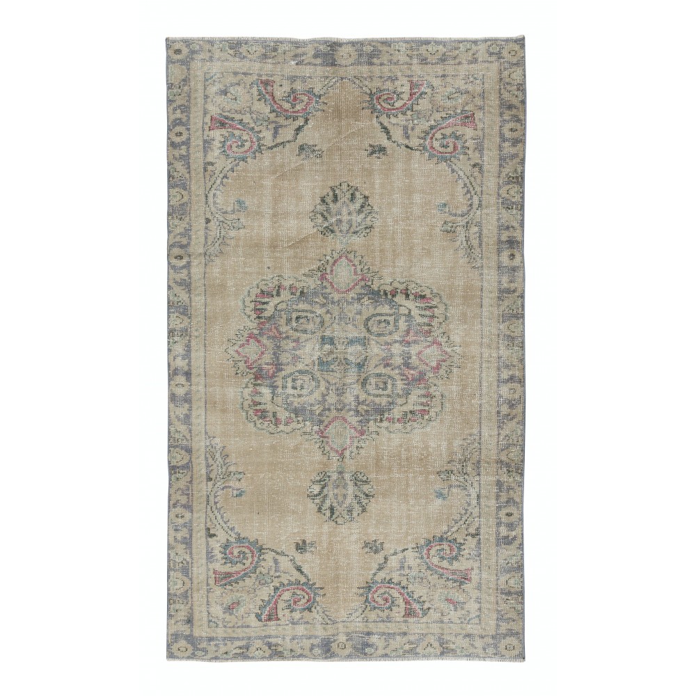 Vintage Sun Faded Handmade Turkish Rug in Beige and Gray Colors
