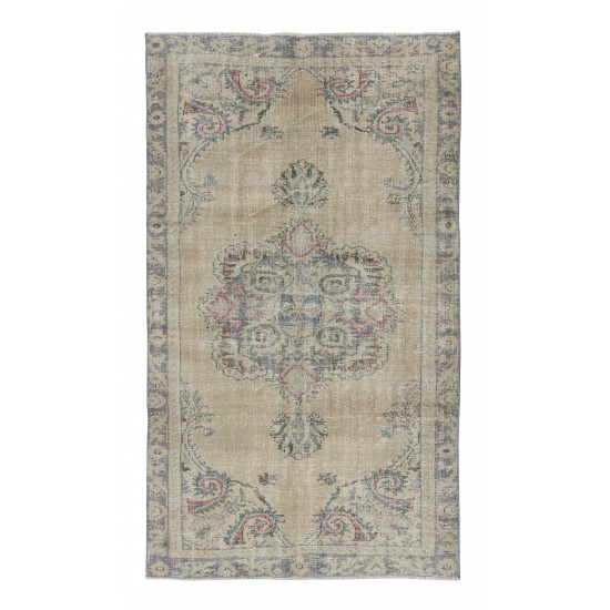 Vintage Sun Faded Rug, Handmade Antique Washed Turkish Carpet in Beige & Gray
