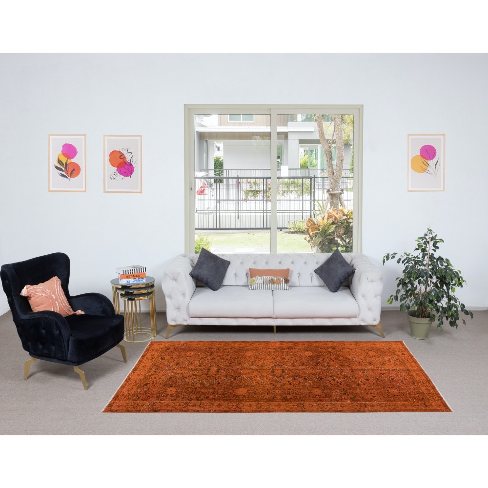 Handmade Orange Area Rug from Turkey, Modern Anatolian Wool Carpet