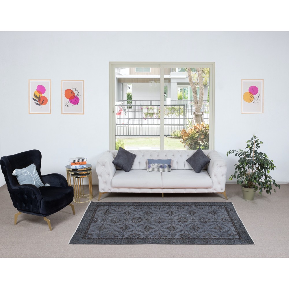 Authentic Handmade Rug, Floral Pattern Upcycled Carpet in Pure Gray, Modern Turkish Floor Covering