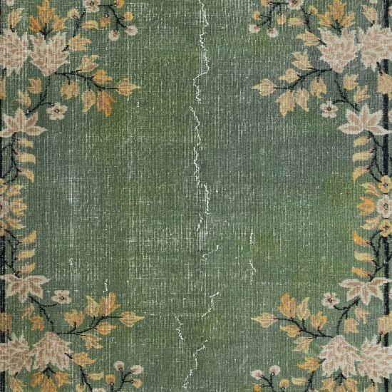 Floral Art Deco Rug, Green Handmade Wool and Cotton Carpet, Modern Floor Covering