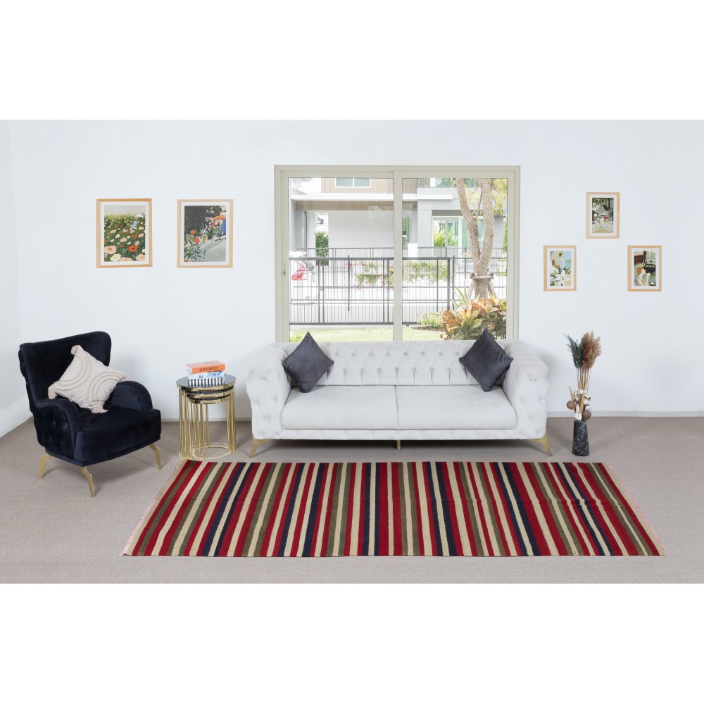 Hand-Woven Vintage Anatolian Kilim Rug with Colorful Stripes, 'Flat-Weve', 100% Wool