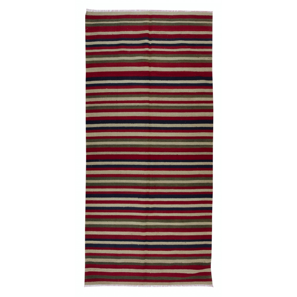 Hand-Woven Vintage Anatolian Kilim Rug with Colorful Stripes, 'Flat-Weve', 100% Wool