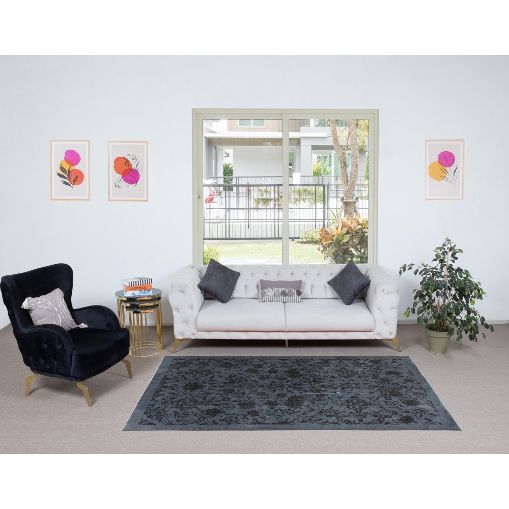 Handmade Turkish Area Rug with Dark Steel Gray Background and Brown Floral Pattern