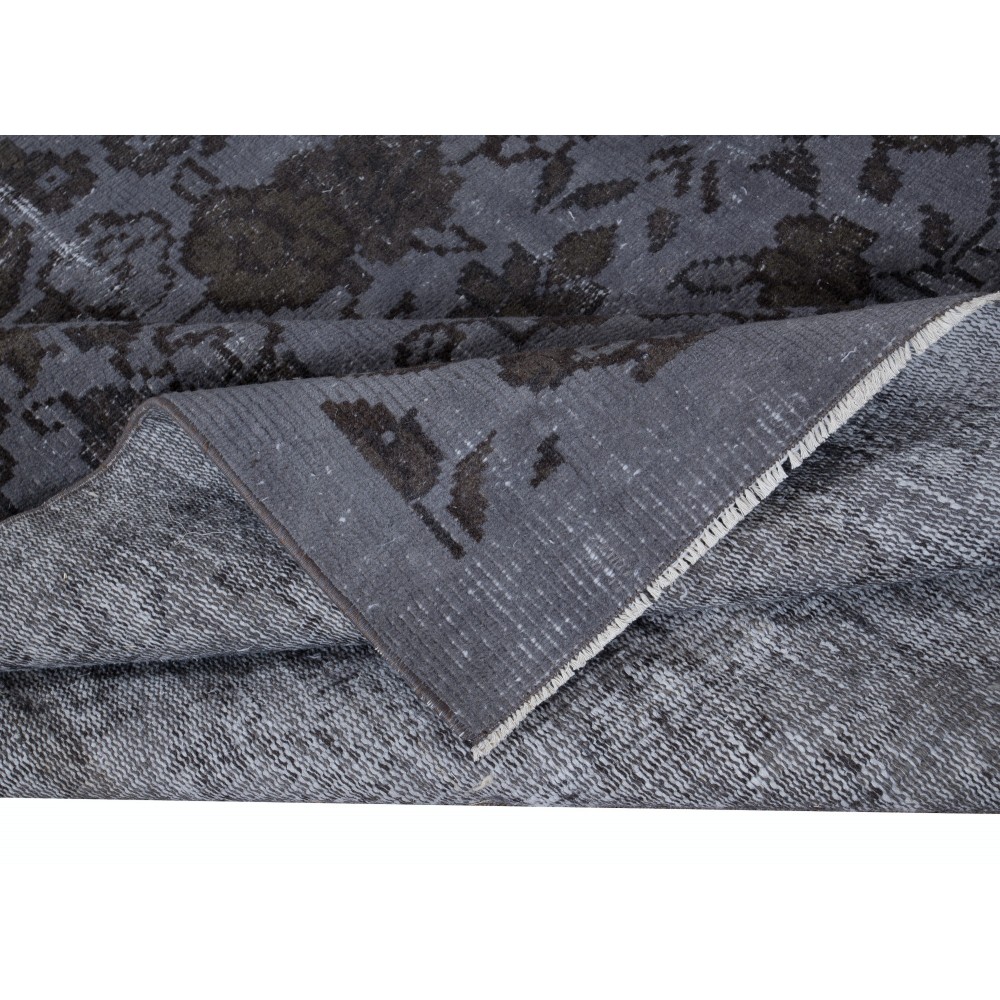 Handmade Turkish Area Rug with Dark Steel Gray Background and Brown Floral Pattern