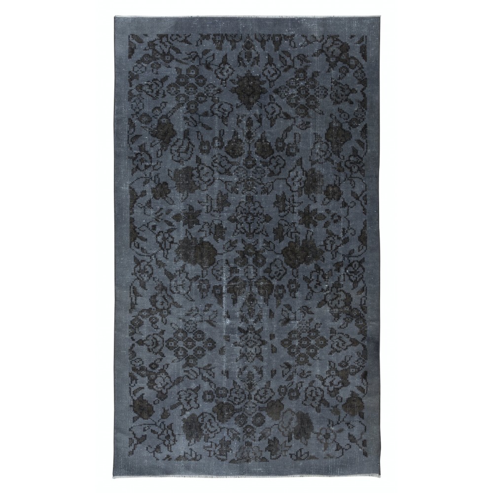 Handmade Turkish Area Rug with Dark Steel Gray Background and Brown Floral Pattern