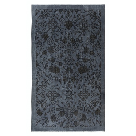 Handmade Turkish Area Rug with Dark Steel Gray Background and Brown Floral Pattern
