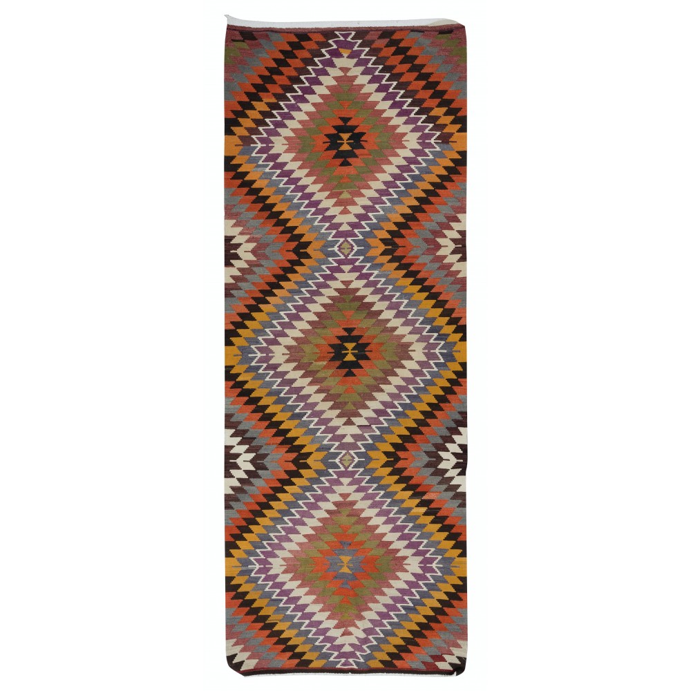 Colorful Hand-Woven Turkish Kilim, All Wool, Vintage Runner Rug with Diamond Design
