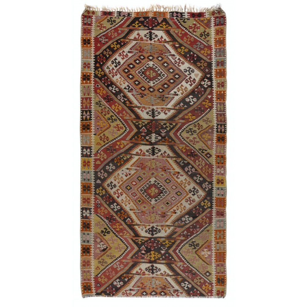 Nomadic Vintage Anatolian Kilim, Flat-Weave Colorful Rug, All Wool