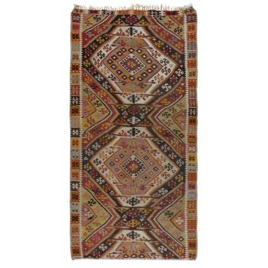 Nomadic Vintage Anatolian Kilim, Flat-Weave Colorful Rug, All Wool