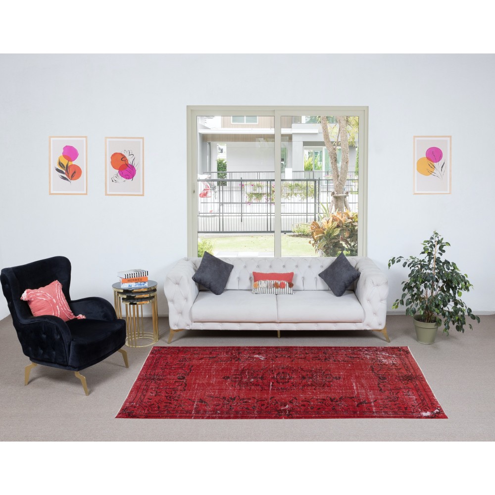 Contemporary Wool Area Rug in Burgundy Red, Hand-Knotted in Turkey