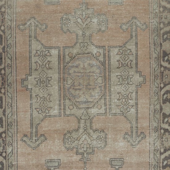 Vintage Handmade Rug in Muted Colors, Anatolian Geometric Pattern Wool Carpet