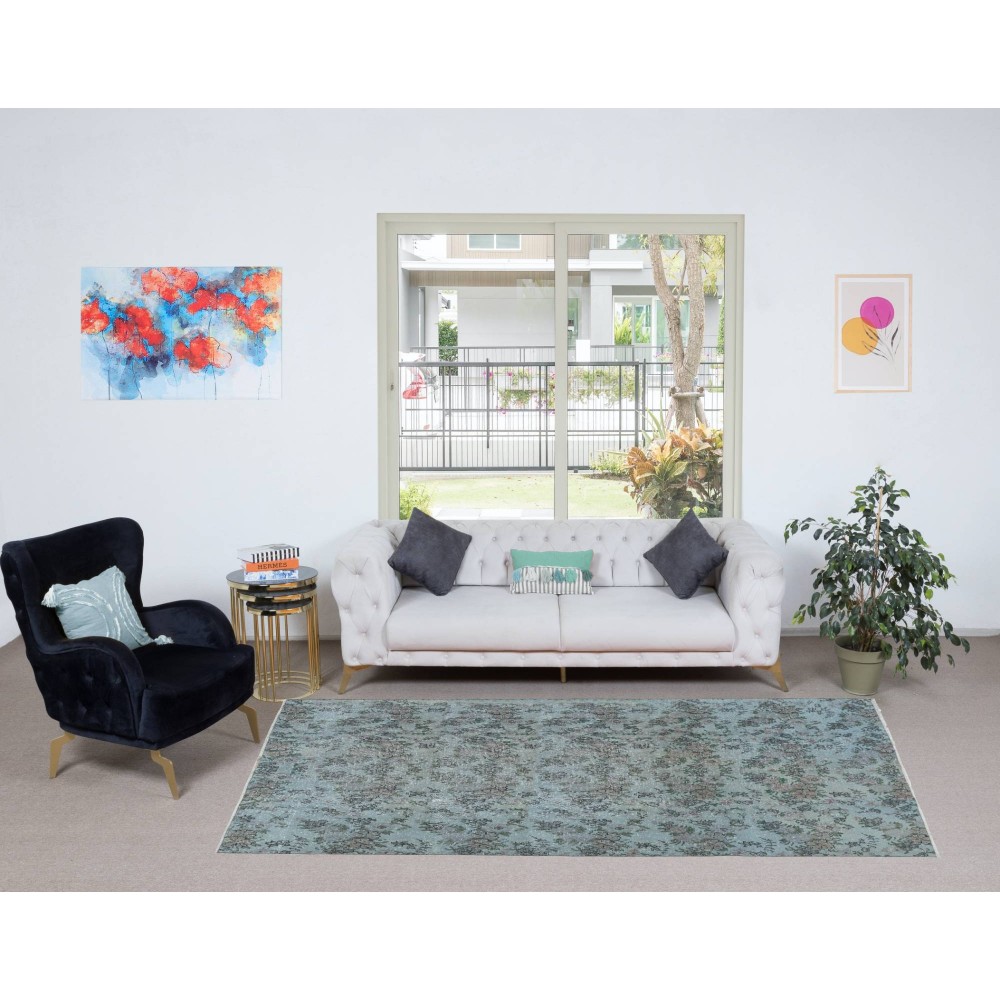 Contemporary Handmade Turkish Rug in Light Blue with Floral Design, Sky Blue Living Room Carpet