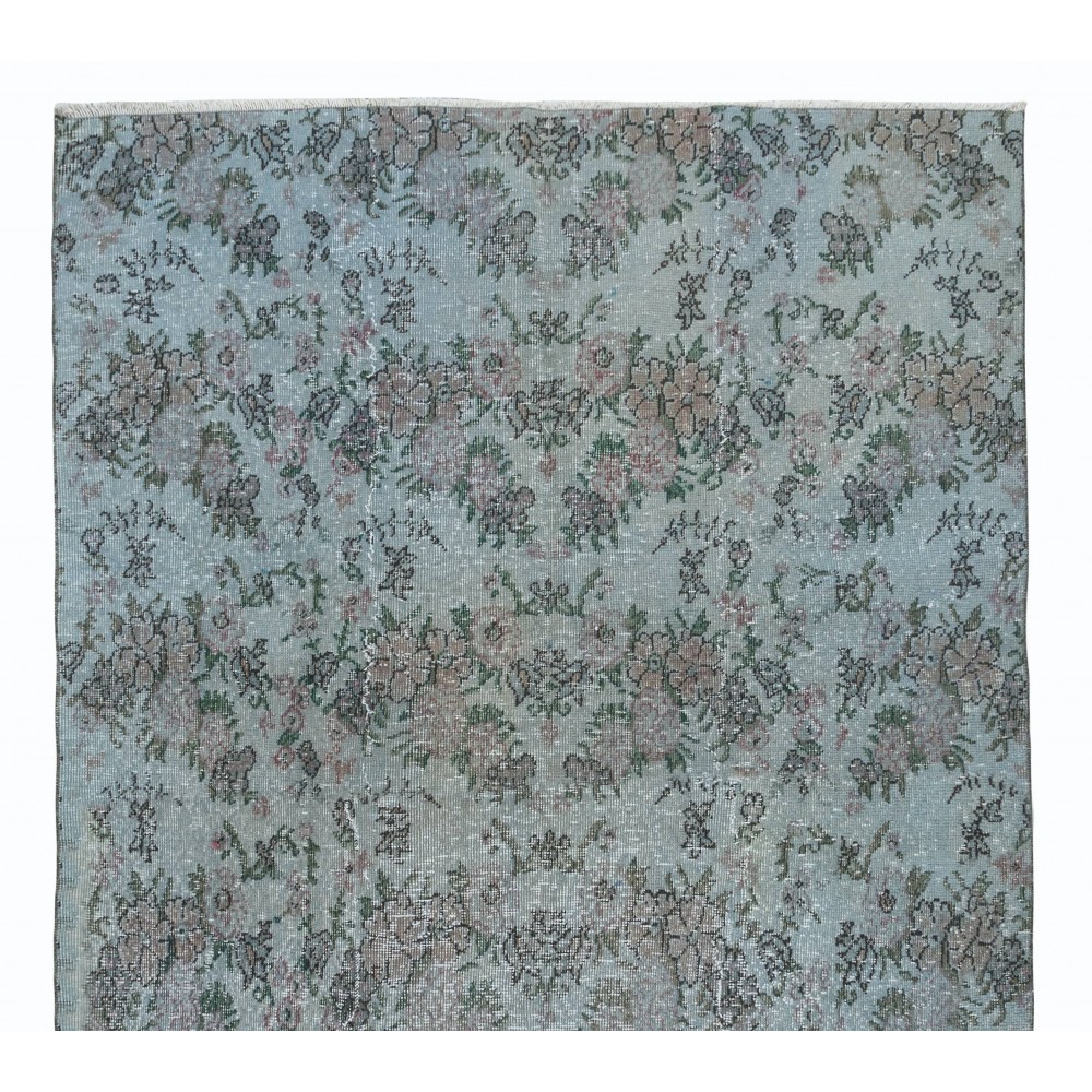 Contemporary Handmade Turkish Rug in Light Blue with Floral Design, Sky Blue Living Room Carpet