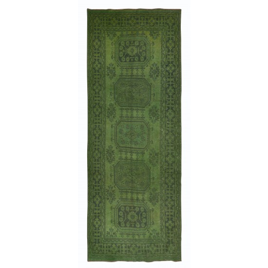 Modern Handmade Turkish Runner Rug with Green Colors for Hallway or Entryway Decor
