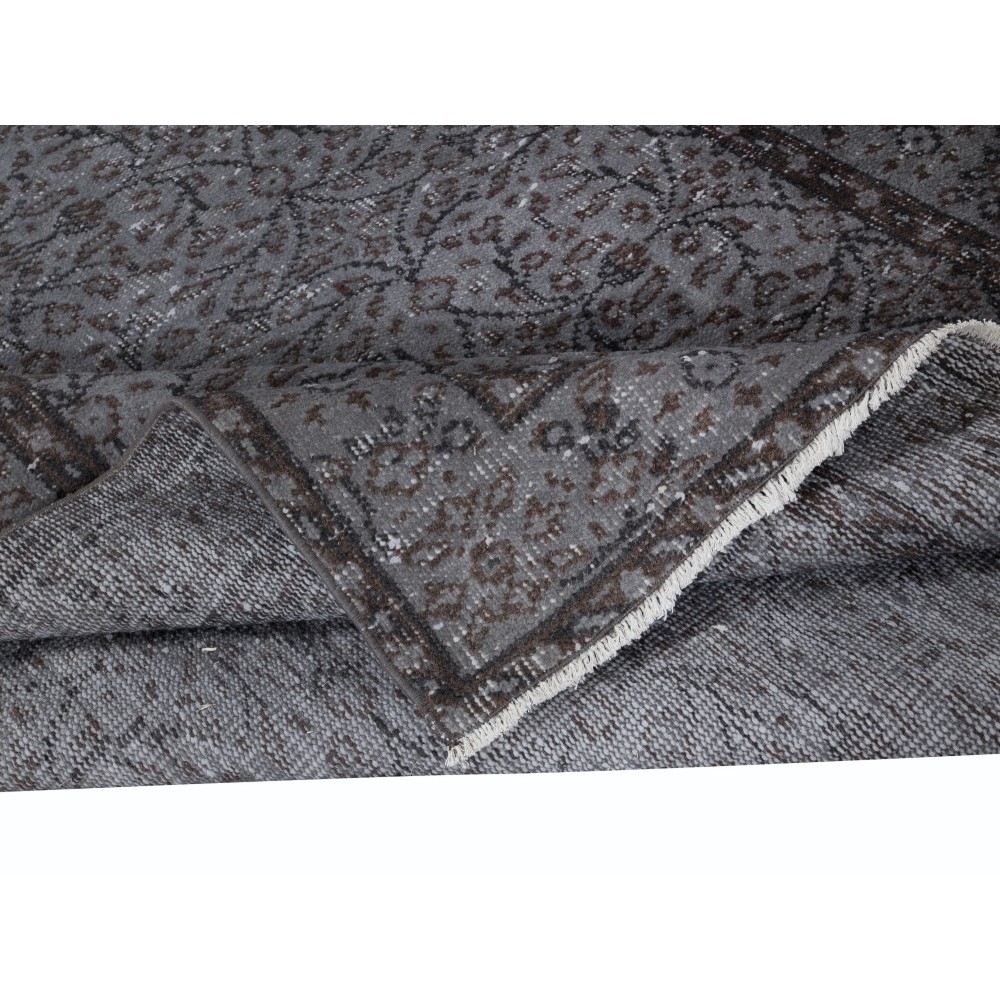 Handmade Turkish Area Rug with Gray Background and Brown Black Pattern