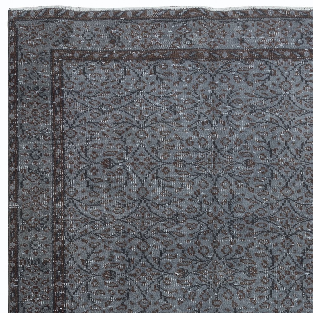 Handmade Turkish Area Rug with Gray Background and Brown Black Pattern
