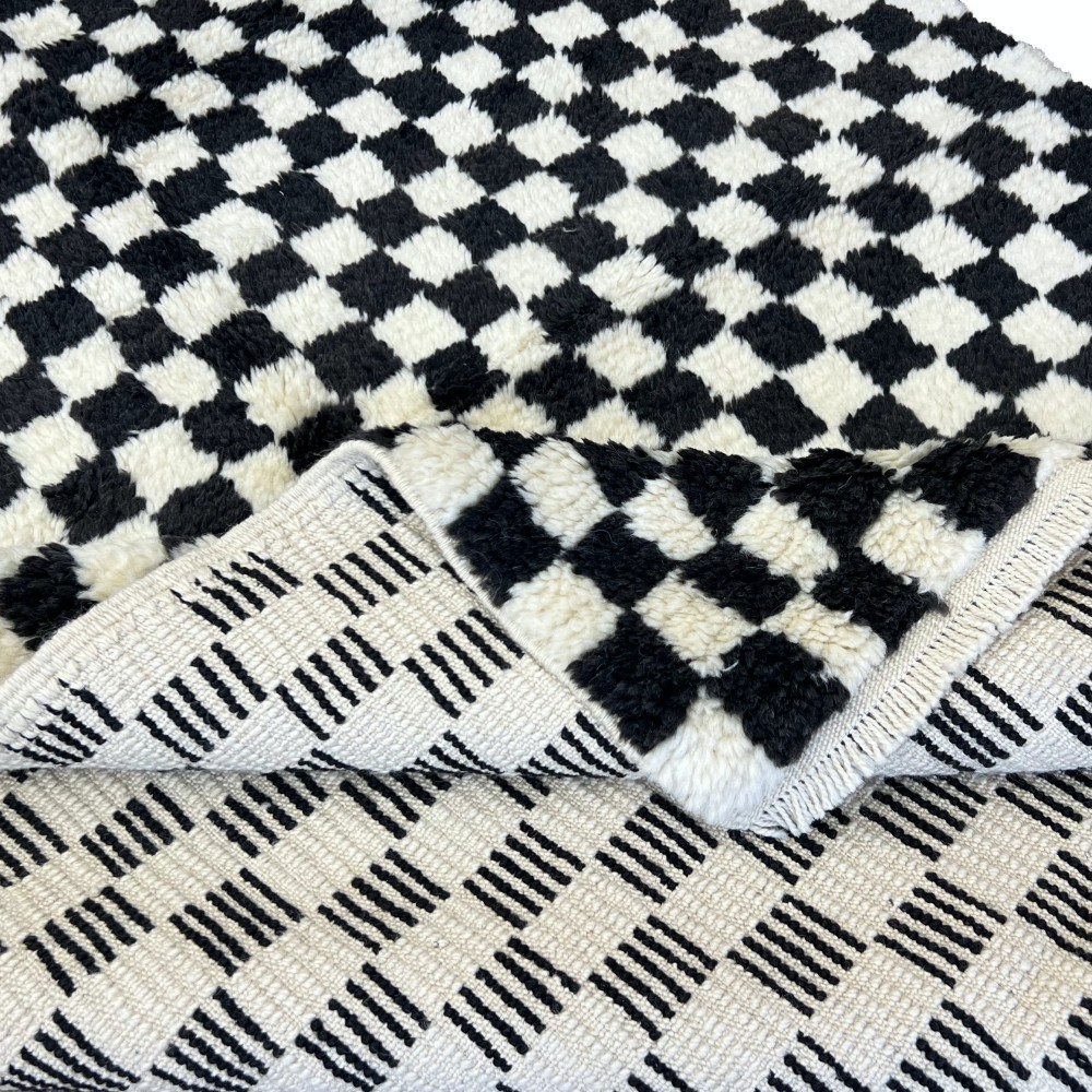 Checkered Handmade Rug in Beige & Black, 100% Soft, Cozy Wool, Custom Checkerboard Tulu Carpet for Modern Interior