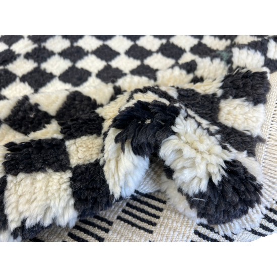 Checkered Handmade Rug in Beige & Black, 100% Soft, Cozy Wool, Custom Checkerboard Tulu Carpet for Modern Interior