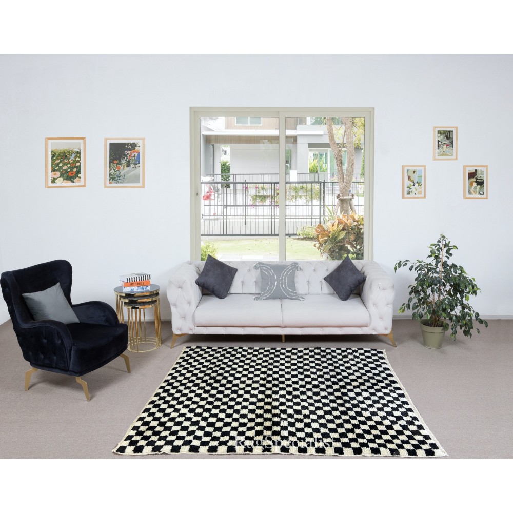 Checkered Handmade Rug in Beige & Black, 100% Soft, Cozy Wool, Custom Checkerboard Tulu Carpet for Modern Interior