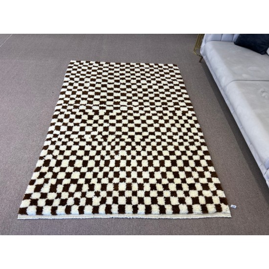 Modern Checkered Hand-Knotted "Tulu" Rug Made Of All Natural Un-Dyed Wool. Cream and Brown Colors