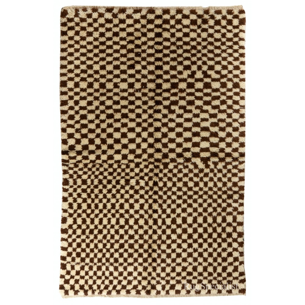 Modern Checkered Hand-Knotted "Tulu" Rug Made Of All Natural Un-Dyed Wool. Cream and Brown Colors