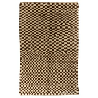 Modern Checkered Hand-Knotted "Tulu" Rug Made Of All Natural Un-Dyed Wool. Cream and Brown Colors