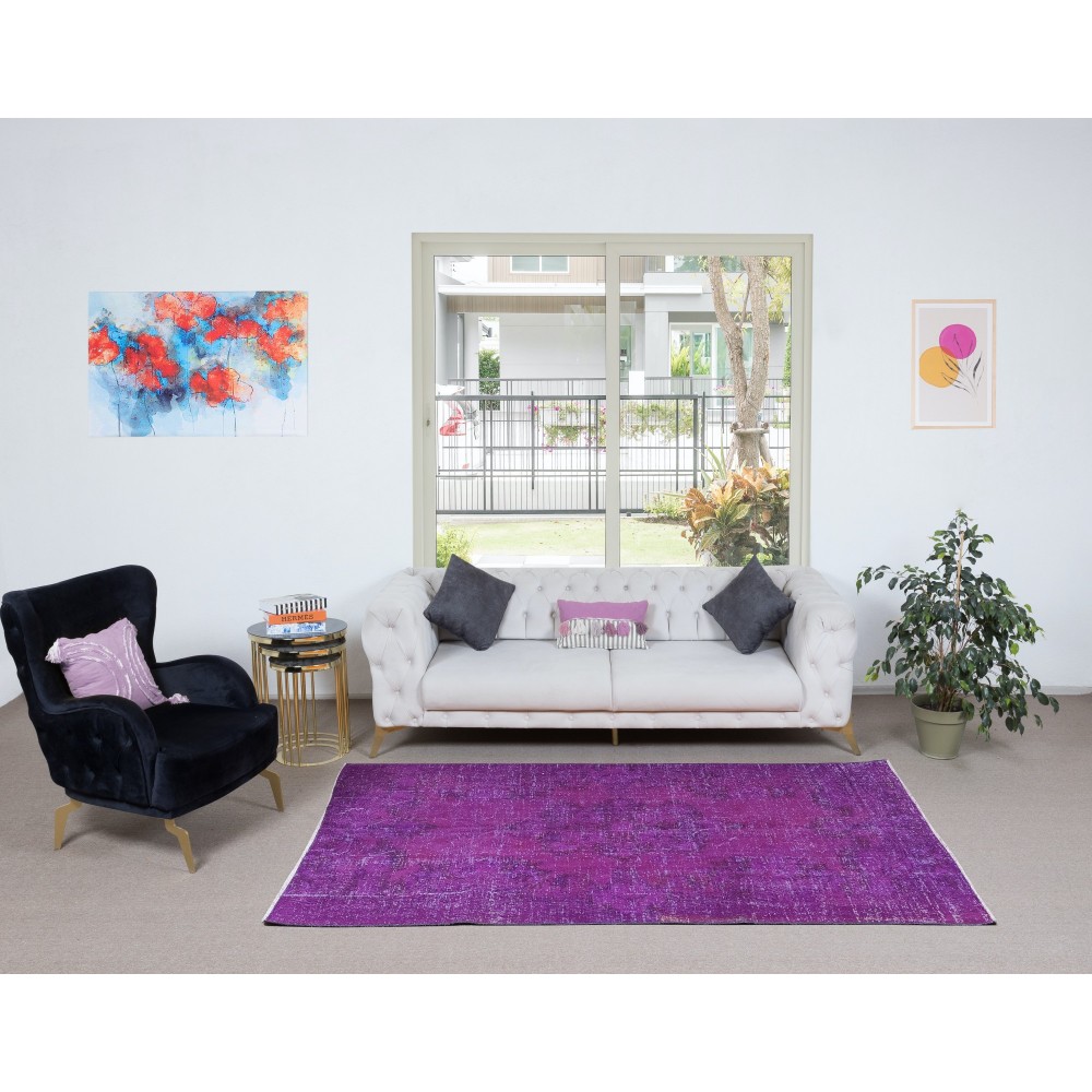 One-of-a-kind Hand-Made Purple Floor Rug from Turkey, Redyed Bohem Carpet for Living Room