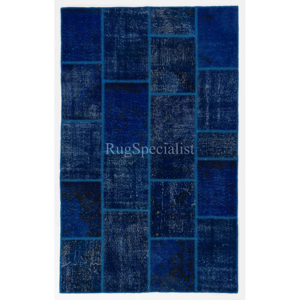 Popular Navy Blue Handmade Patchwork Rug, Modern Turkish Carpet, Custom Options Available