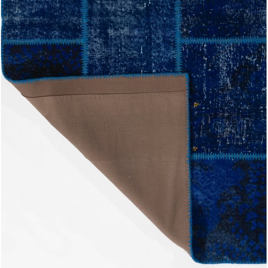 Popular Navy Blue Handmade Patchwork Rug, Modern Turkish Carpet, Custom Options Available